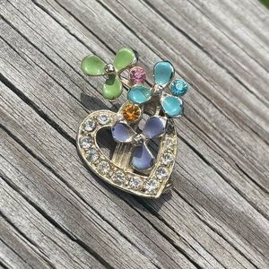 Vintage Silvertone Statement Pin Floral Heart